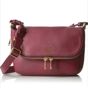 Fossil Preston Pebbled Leather Expandable Crossbody Bag Burgundy Gold Hardware